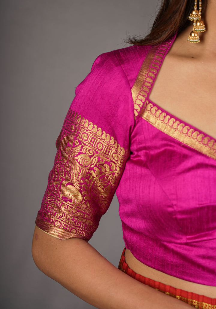 Pure Raw Silk Blouse with Vanasingaram Zari Sleeves and diamond neck in Rani Pink