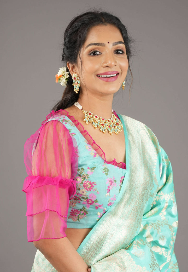 Mint Green Banarasi Meenakari Blouse with Fuchsia Net layered Puff Sleeves,customizable, made-to-order