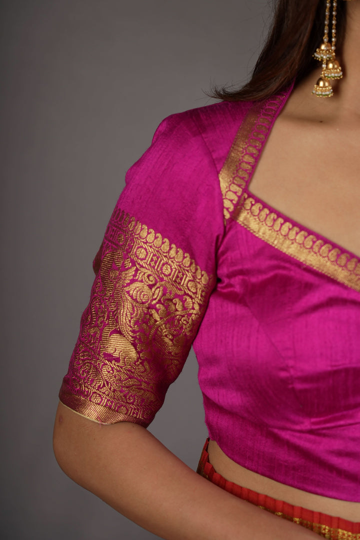 Pure Raw Silk Blouse with Vanasingaram Zari Sleeves and diamond neck in Rani Pink