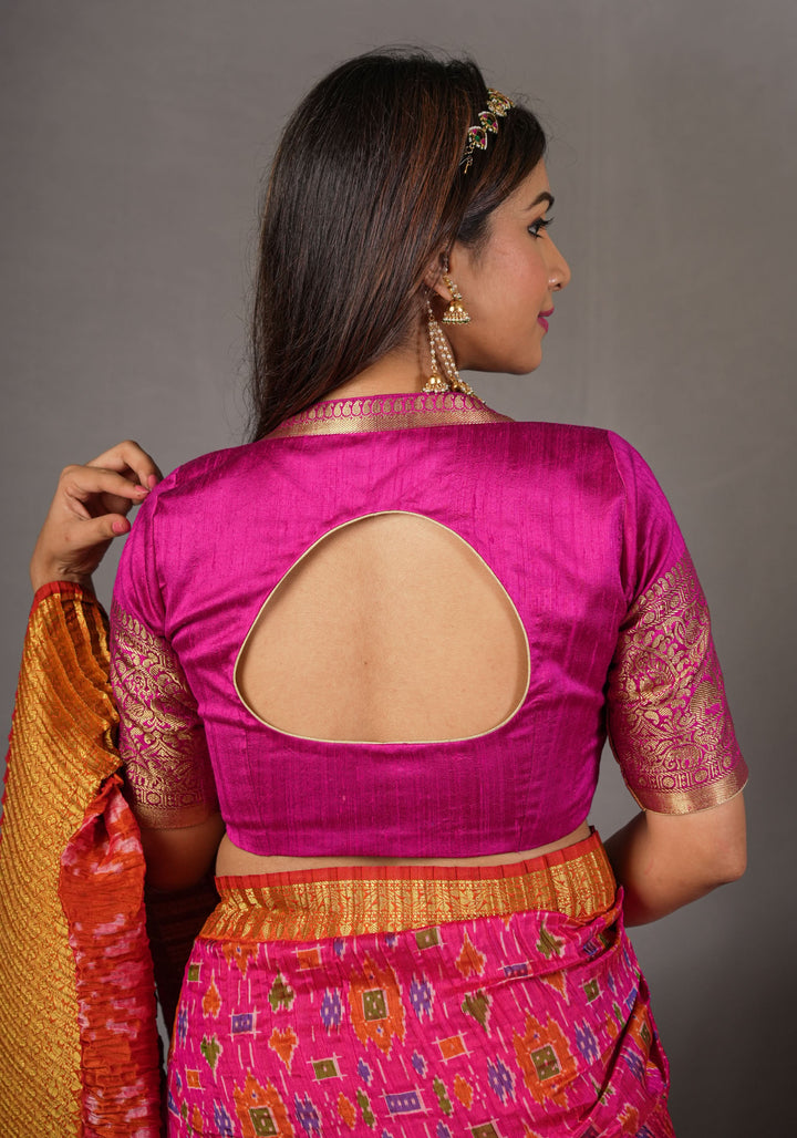 Pure Raw Silk Blouse with Vanasingaram Zari Sleeves and diamond neck in Rani Pink