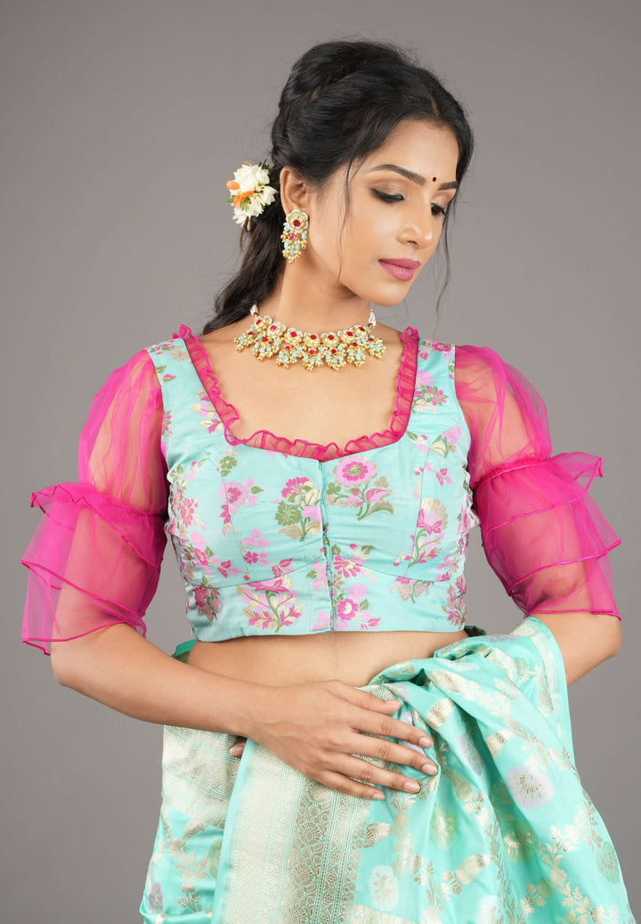 Mint Green Banarasi Meenakari Blouse with Fuchsia Net layered Puff Sleeves,customizable, made-to-order