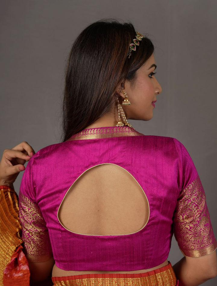 Pure Raw Silk Blouse with Vanasingaram Zari Sleeves and diamond neck in Rani Pink