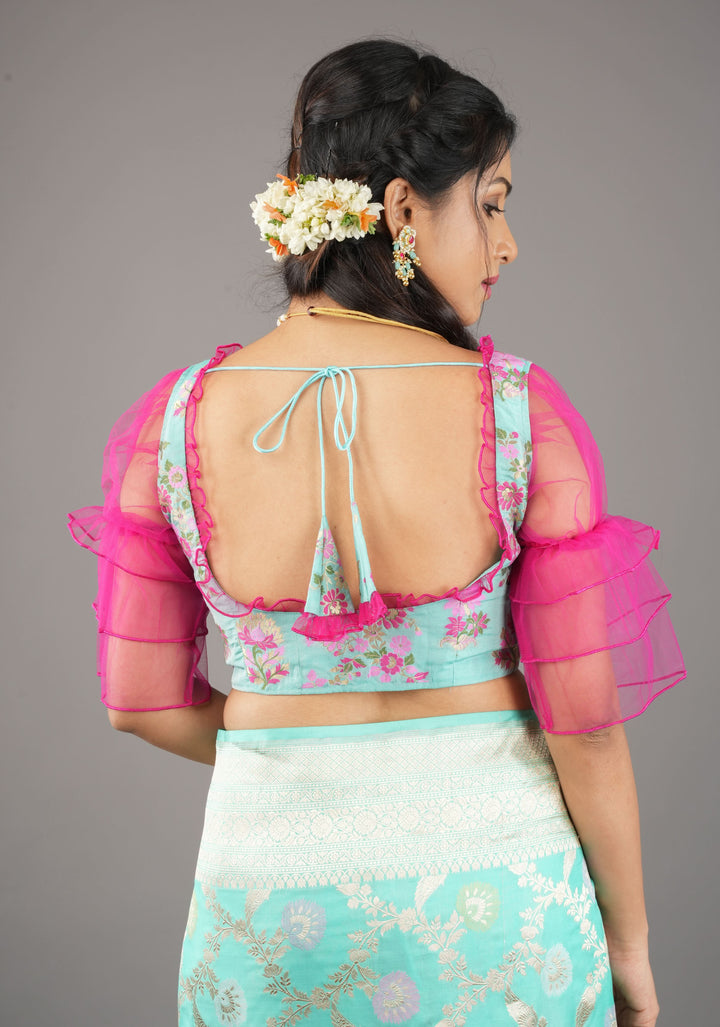 Mint Green Banarasi Meenakari Blouse with Fuchsia Net layered Puff Sleeves,customizable, made-to-order