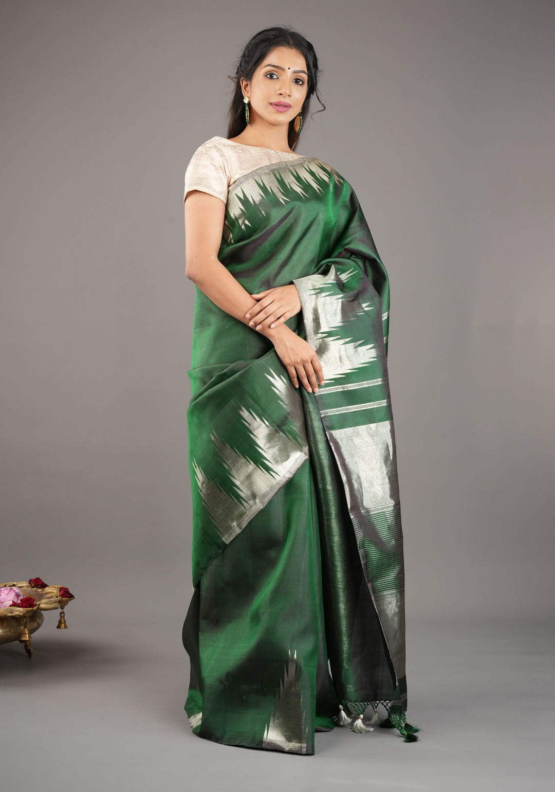 Bottle Green Kanjivaram Pure Silk Saree with silver Zari Temple border | SILK MARK CERTIFIED