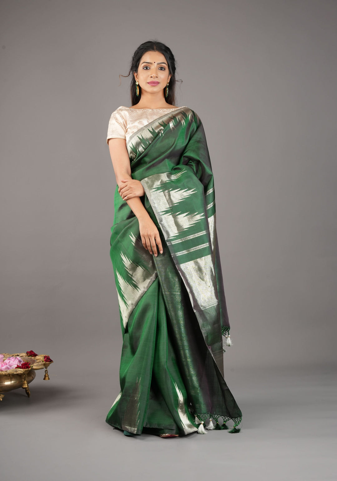 Bottle Green Kanjivaram Pure Silk Saree with silver Zari Temple border | SILK MARK CERTIFIED