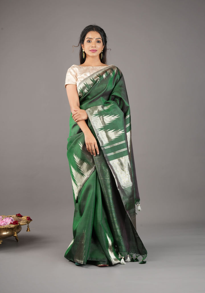 Bottle Green Kanjivaram Pure Silk Saree with silver Zari Temple border | SILK MARK CERTIFIED
