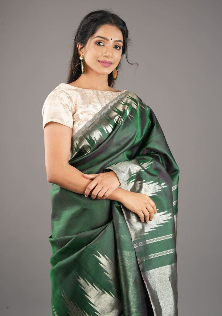 Bottle Green Kanjivaram Pure Silk Saree with silver Zari Temple border | SILK MARK CERTIFIED