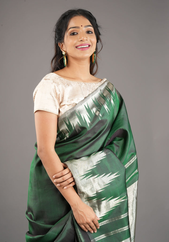 Bottle Green Kanjivaram Pure Silk Saree with silver Zari Temple border | SILK MARK CERTIFIED