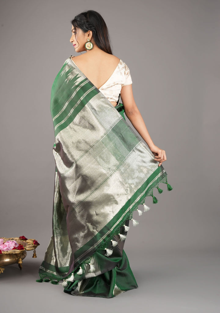 Bottle Green Kanjivaram Pure Silk Saree with silver Zari Temple border | SILK MARK CERTIFIED
