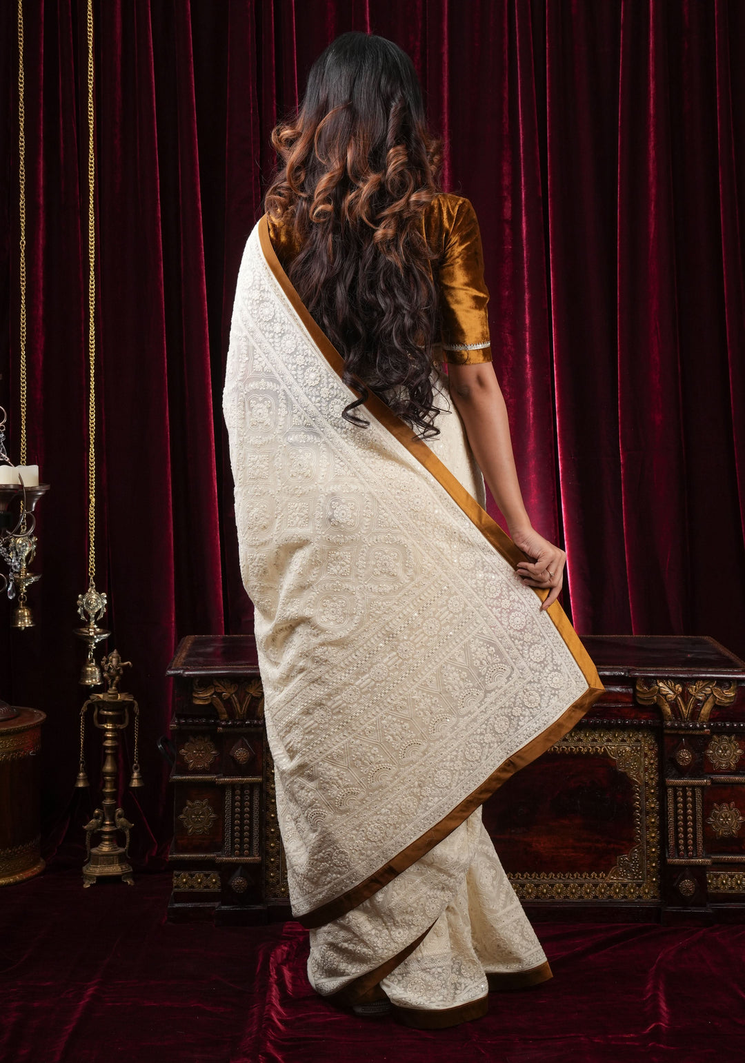 Ivory Georgette Saree with Self Embroidery and Amber Satin Trim