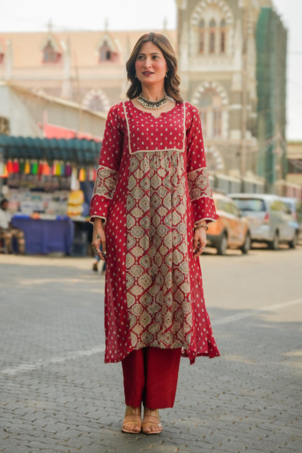 Red Block Print Small Side Buti Muslin Kurta Set-SET OF 2 | SHOBITAM