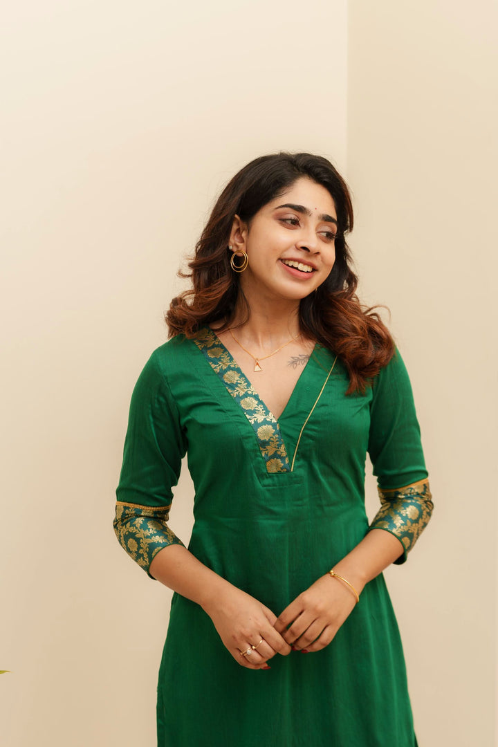 Green & Blue Brocade Kurti and Bottom 2-Piece Set | Made to Order