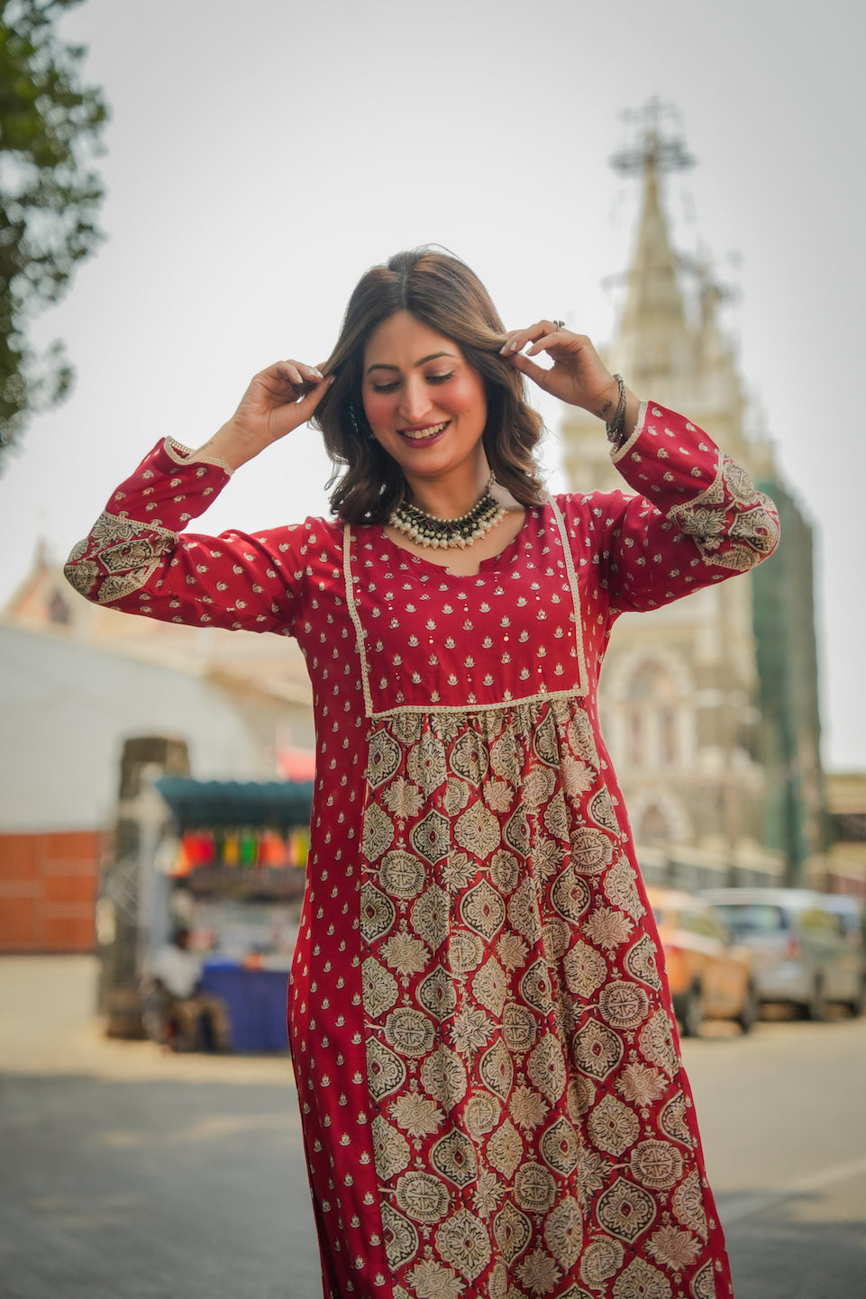 Red Block Print Small Side Buti Muslin Kurta Set-SET OF 2 | SHOBITAM