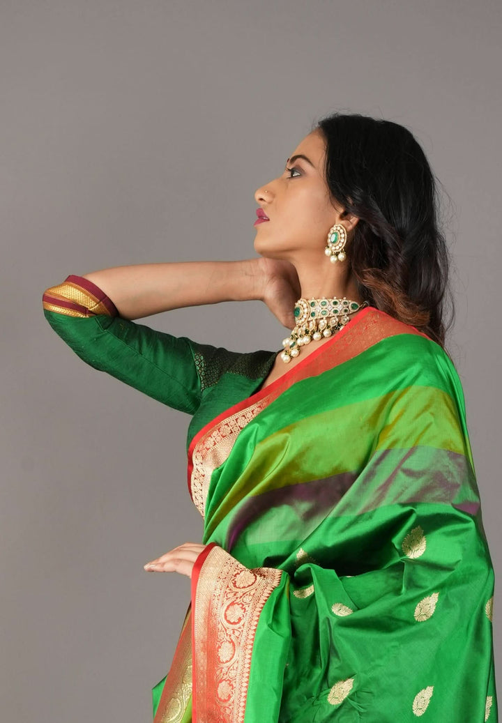 Emerald Green Pure Raw Silk Blouse with Plunge Neck and Khun detailing, Customizable, made to order