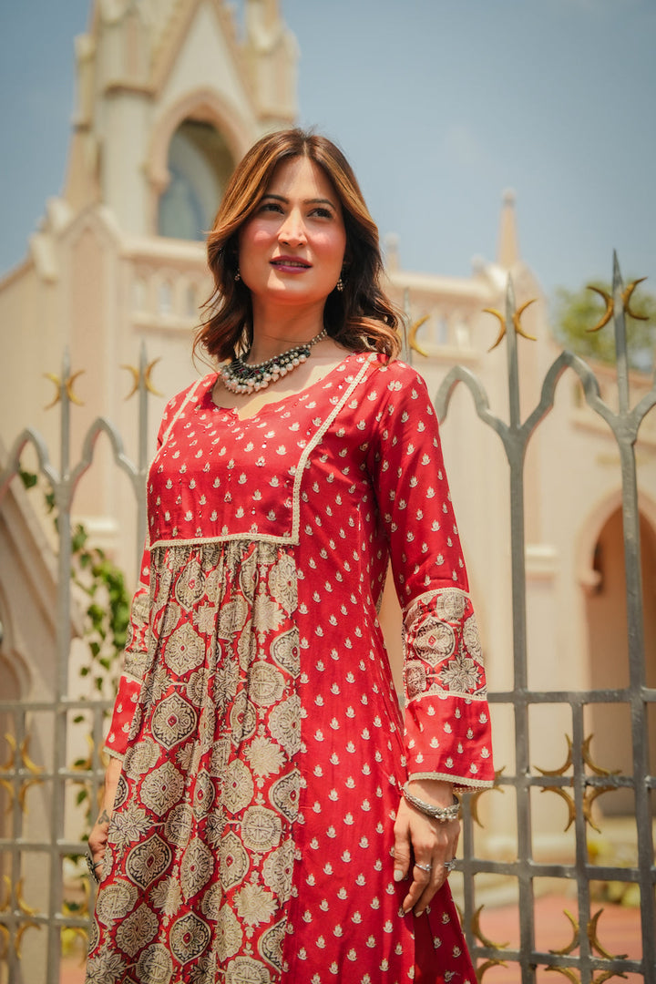 Red Block Print Small Side Buti Muslin Kurta Set-SET OF 2 | SHOBITAM
