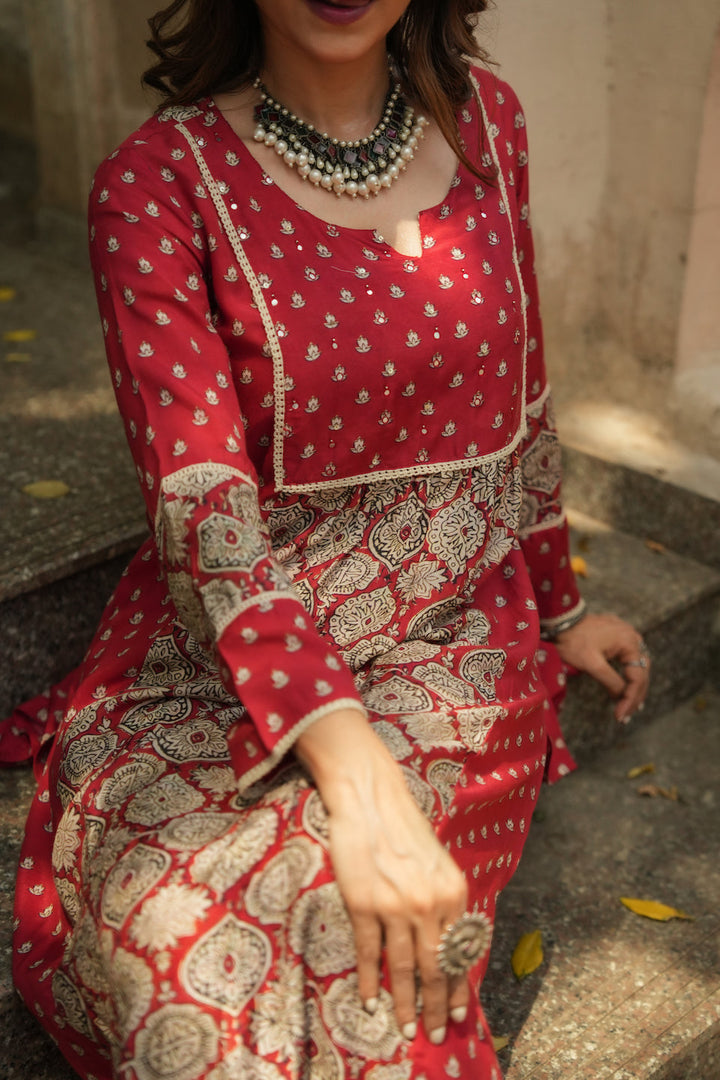 Red Block Print Small Side Buti Muslin Kurta Set-SET OF 2 | SHOBITAM