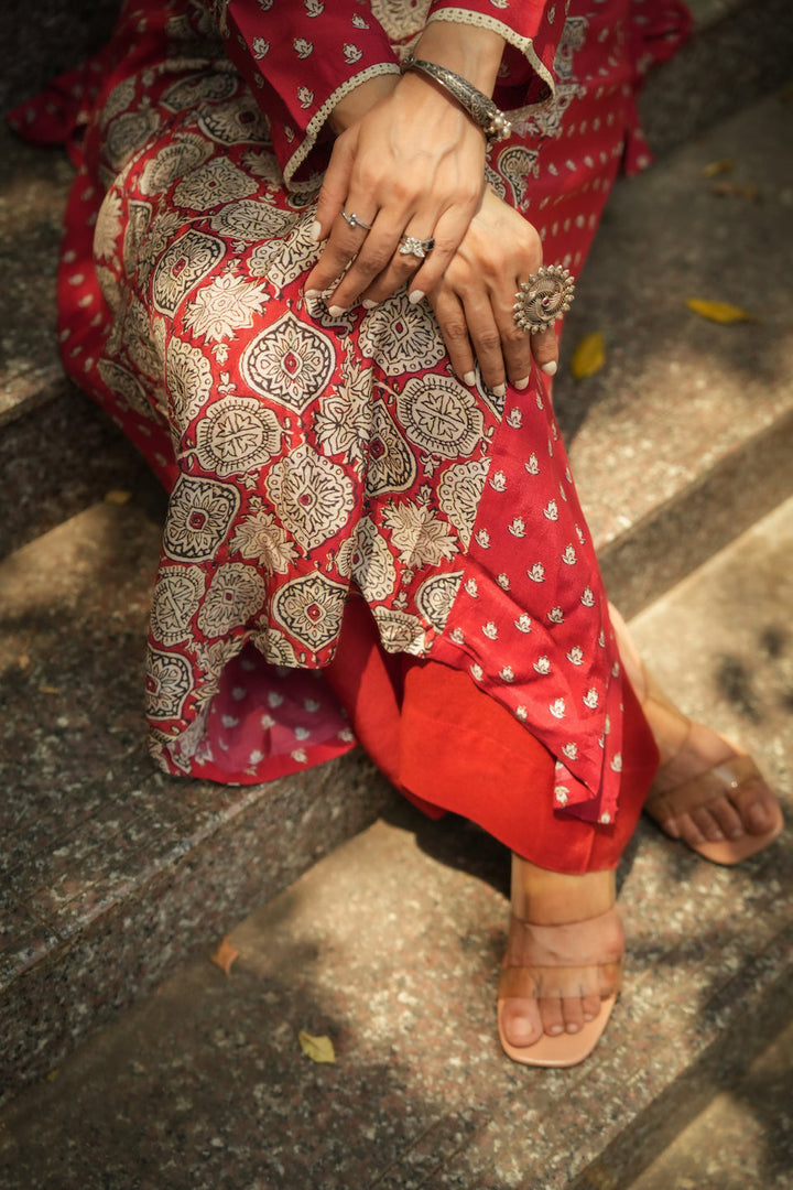 Red Block Print Small Side Buti Muslin Kurta Set-SET OF 2 | SHOBITAM
