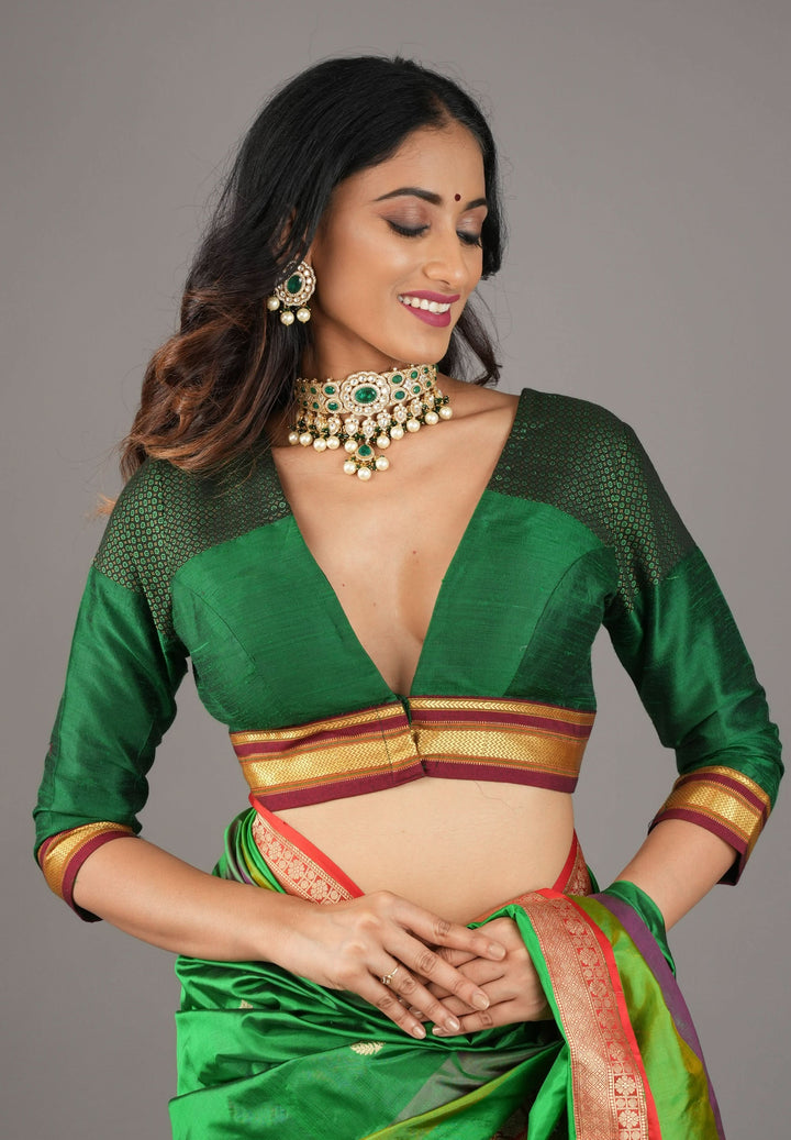 Emerald Green Pure Raw Silk Blouse with Plunge Neck and Khun detailing, Customizable, made to order