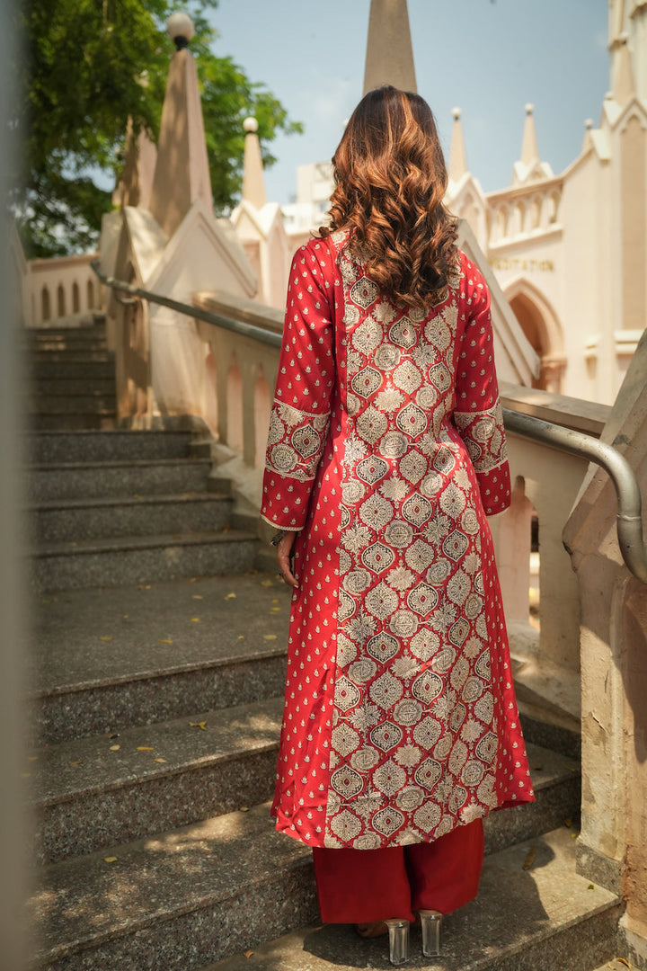 Red Block Print Small Side Buti Muslin Kurta Set-SET OF 2 | SHOBITAM