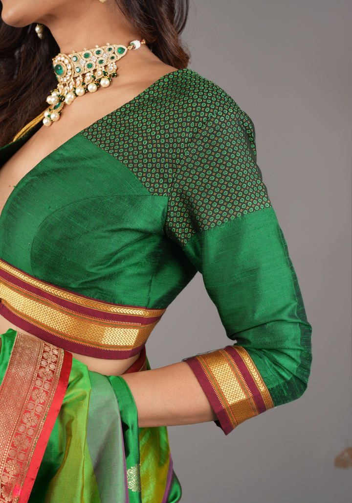 Emerald Green Pure Raw Silk Blouse with Plunge Neck and Khun detailing, Customizable, made to order