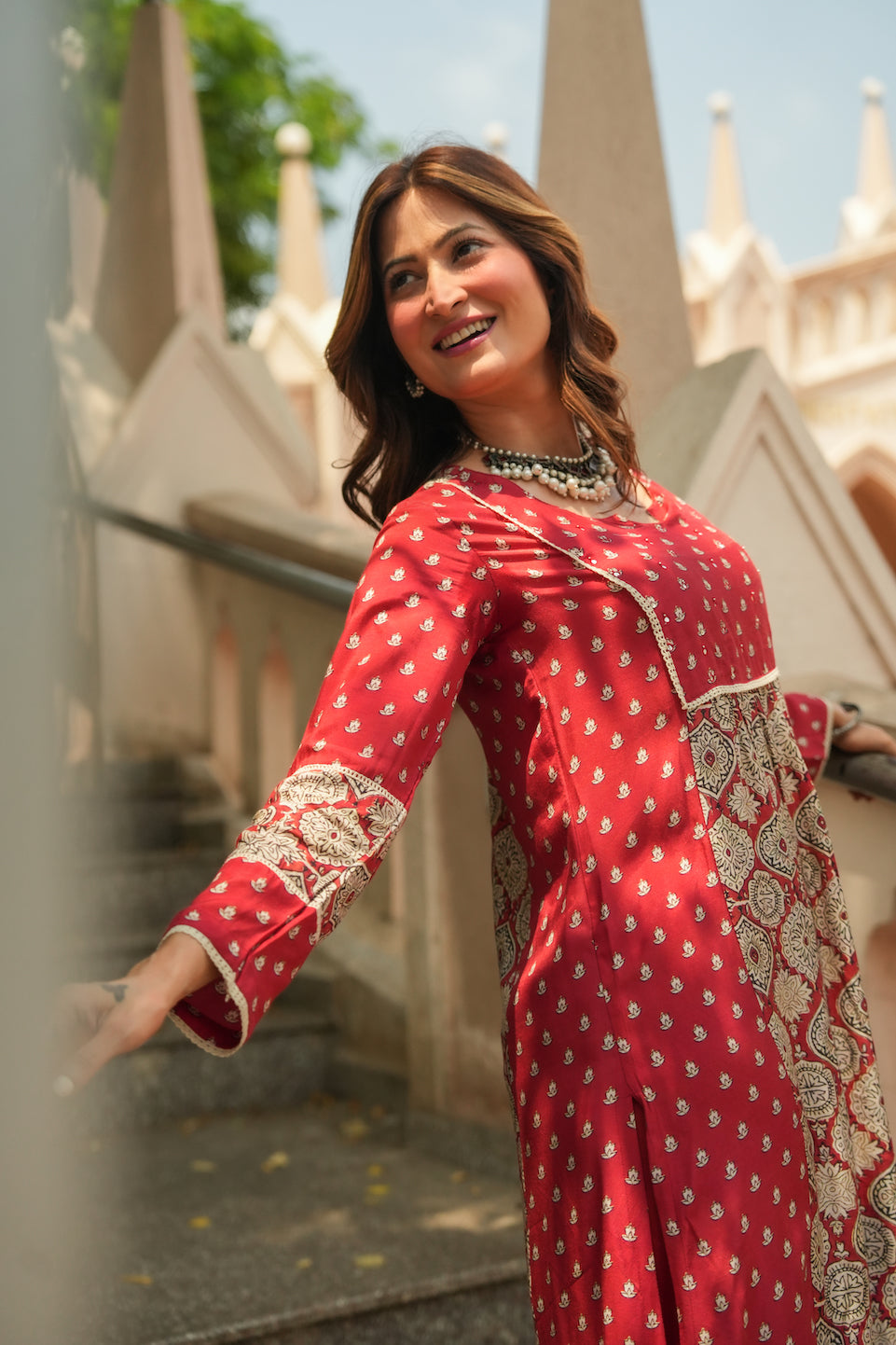Red Block Print Small Side Buti Muslin Kurta Set-SET OF 2 | SHOBITAM