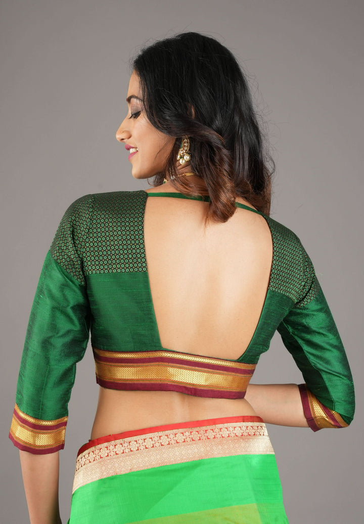 Emerald Green Pure Raw Silk Blouse with Plunge Neck and Khun detailing, Customizable, made to order