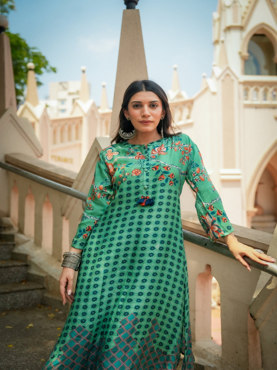 Green and Blue Pure Muslin Block and Floral Placement Print with Tassels Kurta Set- SET OF-2 | SHOBITAM