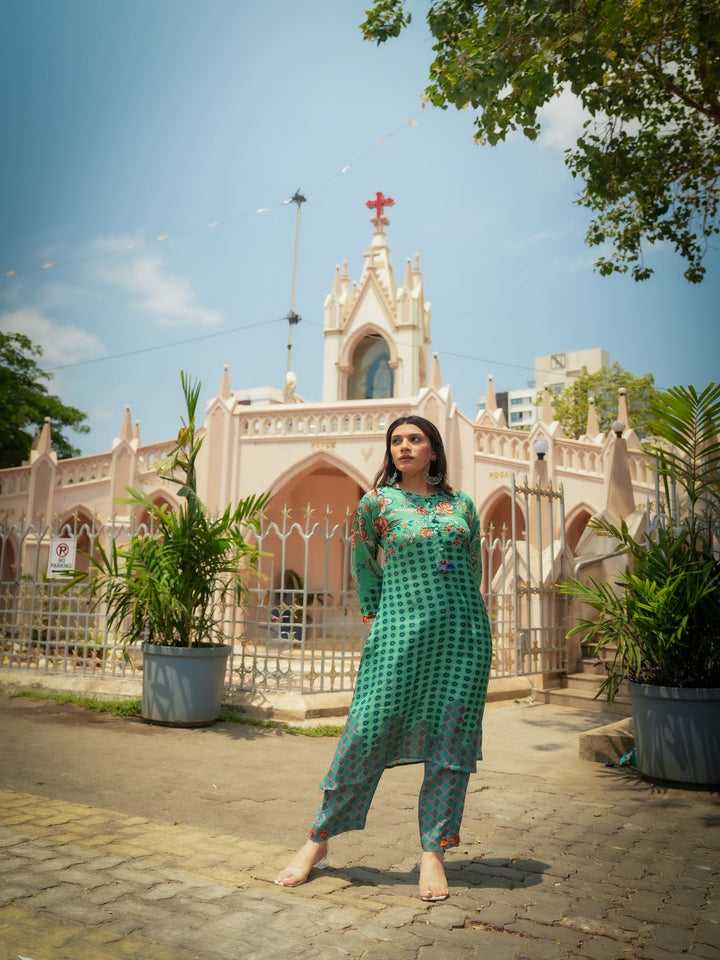 Green and Blue Pure Muslin Block and Floral Placement Print with Tassels Kurta Set- SET OF-2 | SHOBITAM