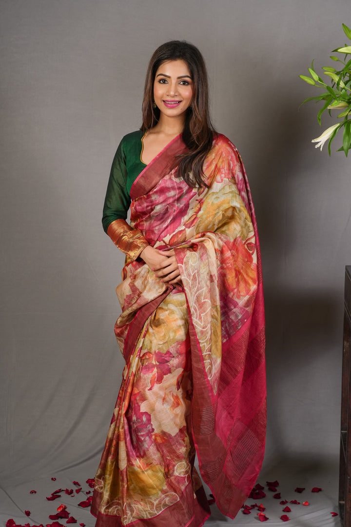 Jari Tussar Silk Saree with Floral Digital Print in Beige | SILK MARK CERTIFIED
