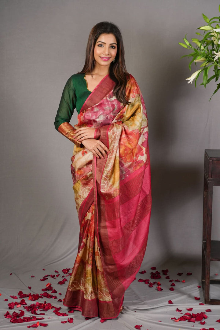 Jari Tussar Silk Saree with Floral Digital Print in Beige | SILK MARK CERTIFIED
