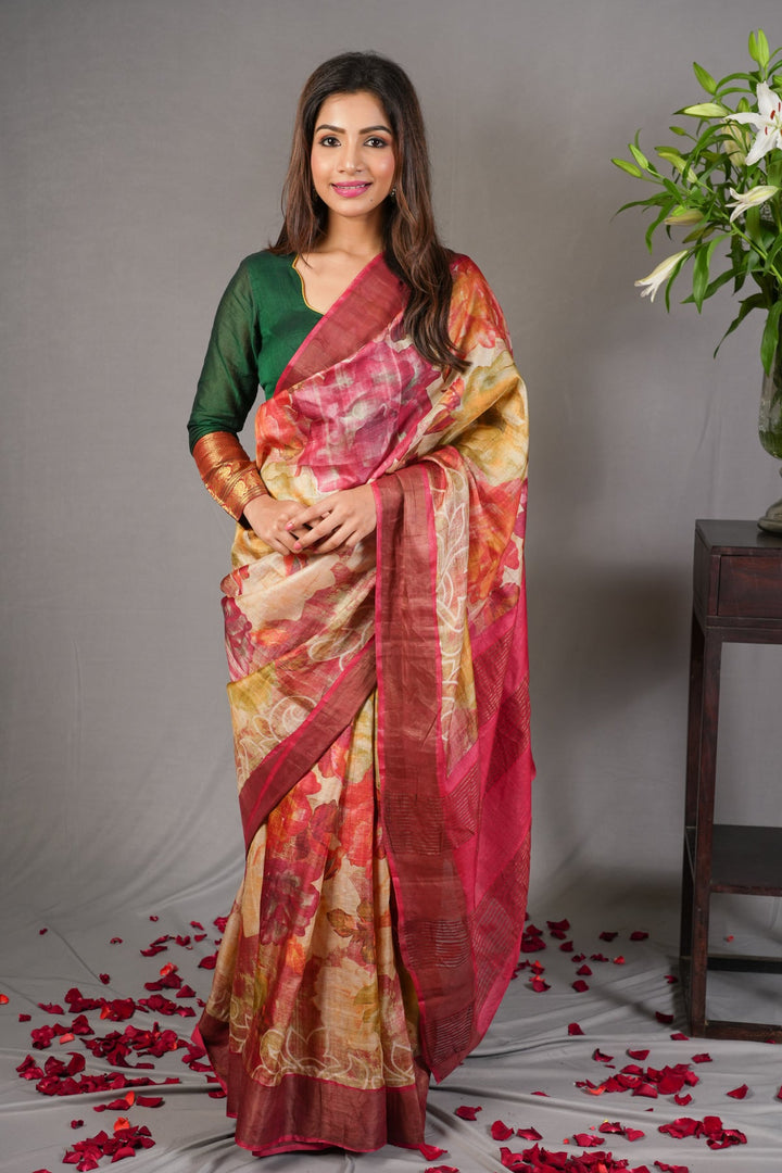 Jari Tussar Silk Saree with Floral Digital Print in Beige | SILK MARK CERTIFIED