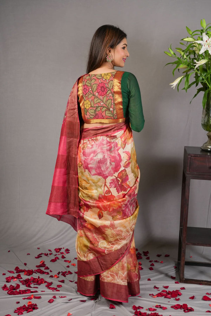 Jari Tussar Silk Saree with Floral Digital Print in Beige | SILK MARK CERTIFIED