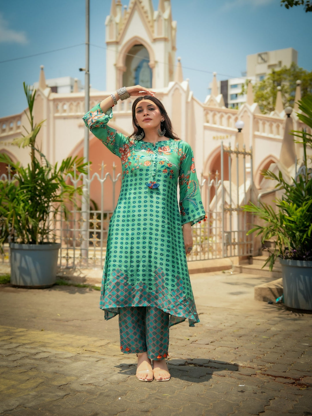 Green and Blue Pure Muslin Block and Floral Placement Print with Tassels Kurta Set- SET OF-2 | SHOBITAM