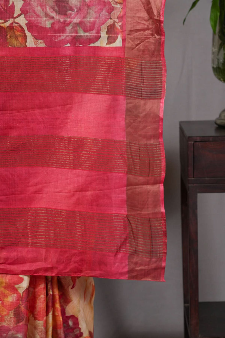 Jari Tussar Silk Saree with Floral Digital Print in Beige | SILK MARK CERTIFIED