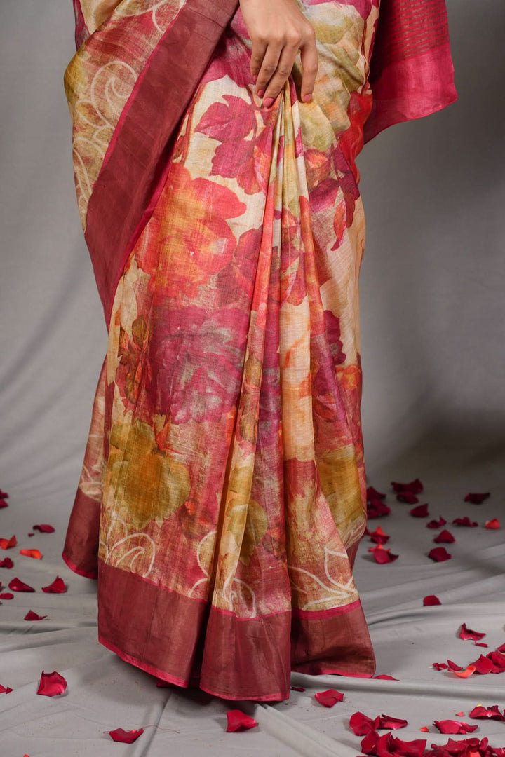 Jari Tussar Silk Saree with Floral Digital Print in Beige | SILK MARK CERTIFIED