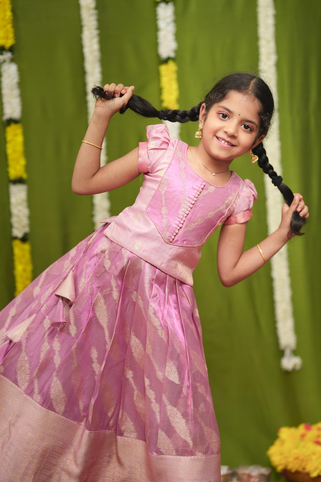 Aalaya Pink Banarasi Organza Lehenga Mini | Made To Order