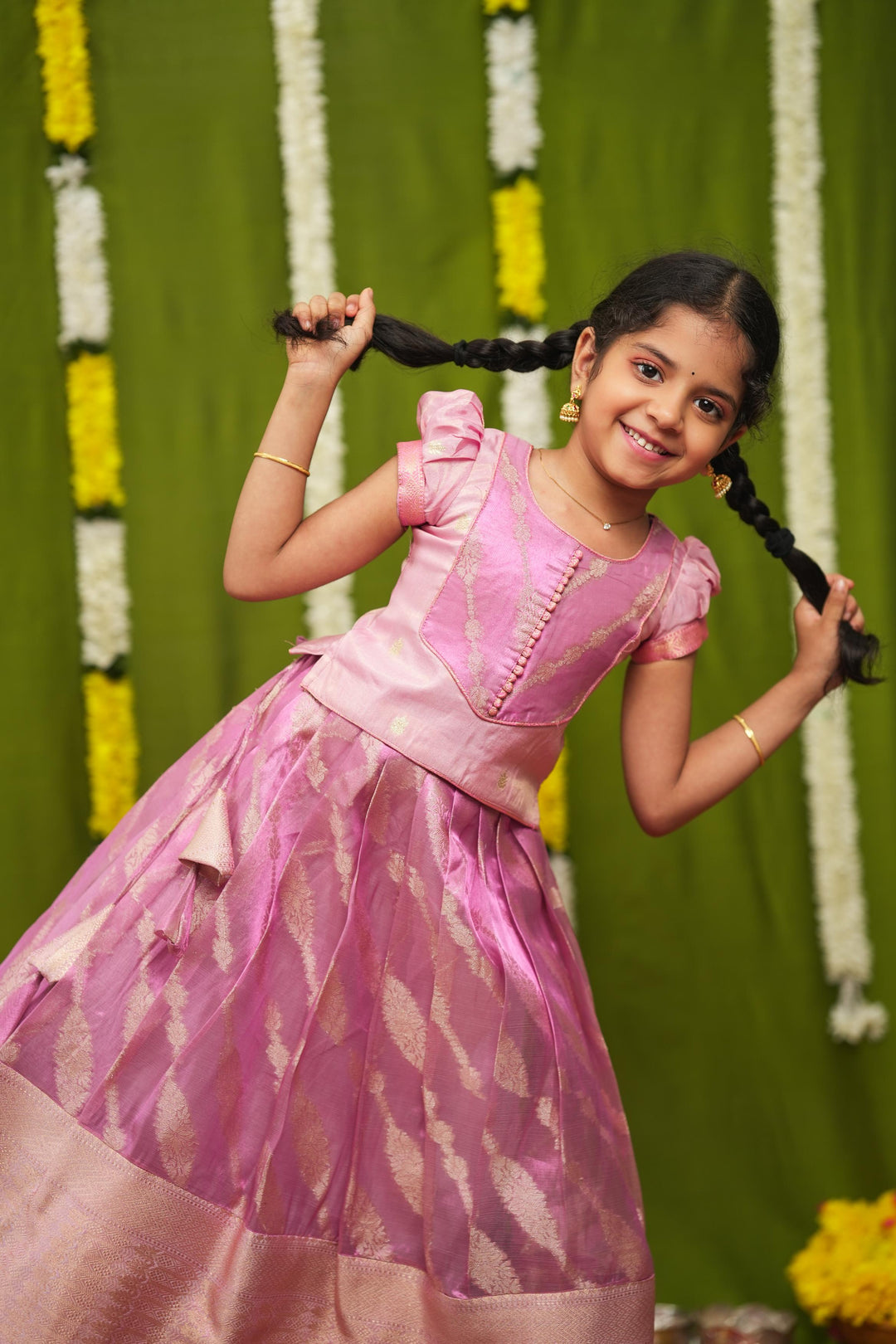 Aalaya Pink Banarasi Organza Lehenga Mini | Made To Order