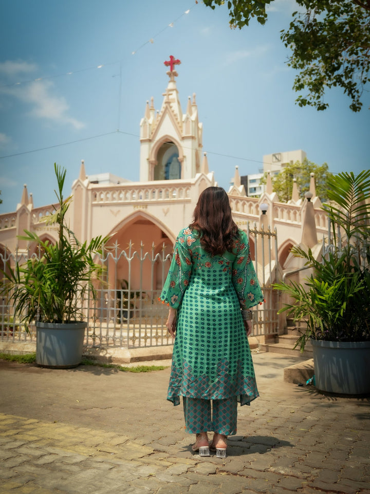 Green and Blue Pure Muslin Block and Floral Placement Print with Tassels Kurta Set- SET OF-2 | SHOBITAM