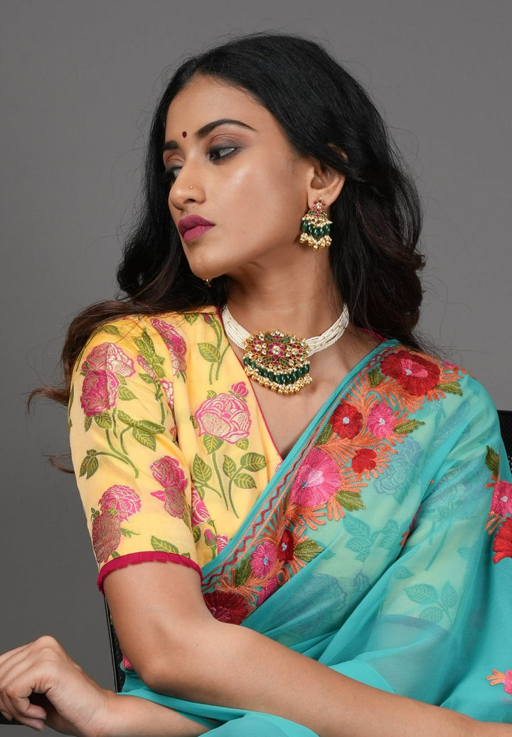 Light Yellow Banarasi Meenakari Blouse with V neck and Florals, Customizable, Made To Order