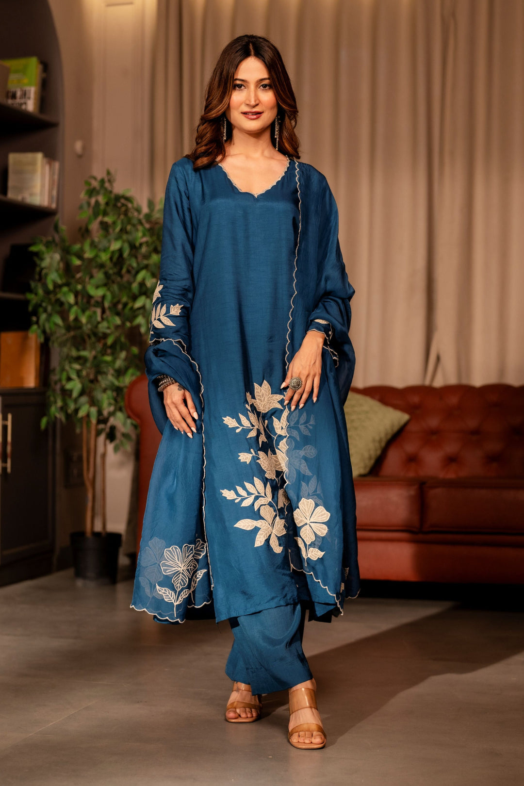 Rama blue appliqué work pure dola silk suit set- SET OF-3 | SHOBITAM