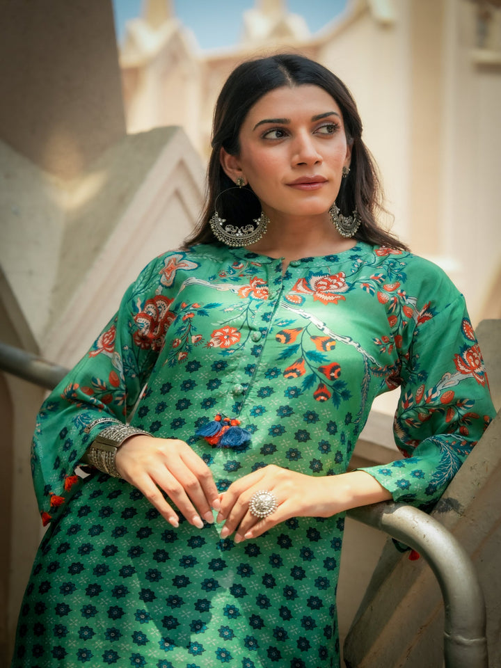 Green and Blue Pure Muslin Block and Floral Placement Print with Tassels Kurta Set- SET OF-2 | SHOBITAM