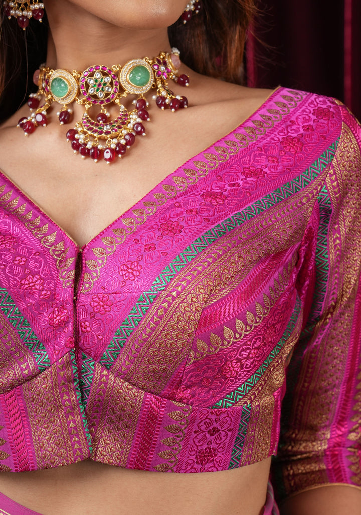 Rani Pink with Multicolor Striped Brocade Banarasi Blouse with V neck, Made to Order