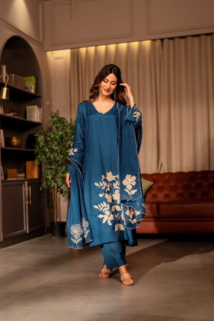 Rama blue appliqué work pure dola silk suit set- SET OF-3 | SHOBITAM