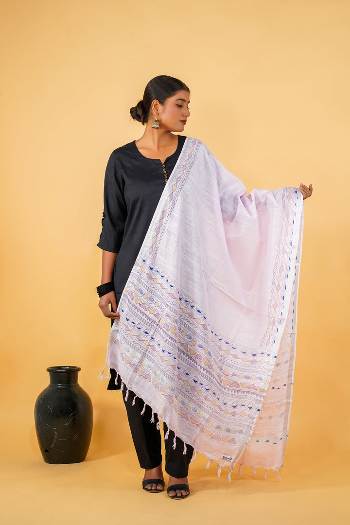 White Hand Drawn Madhubani Cotton Dupatta