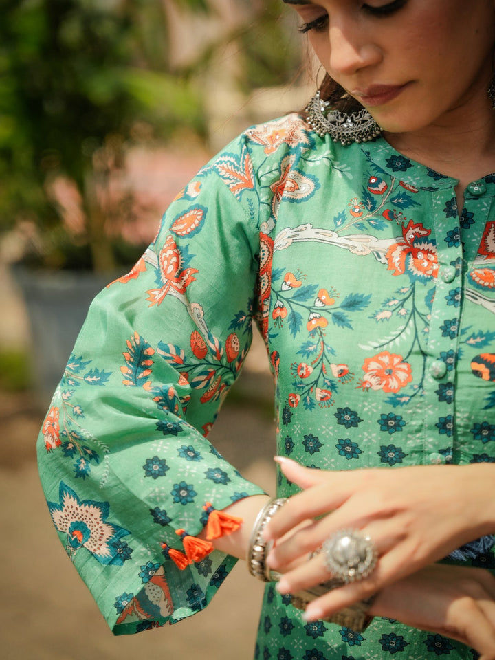 Green and Blue Pure Muslin Block and Floral Placement Print with Tassels Kurta Set- SET OF-2 | SHOBITAM