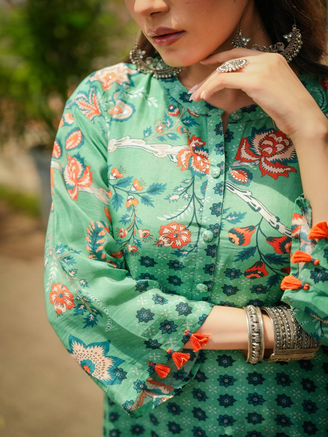 Green and Blue Pure Muslin Block and Floral Placement Print with Tassels Kurta Set- SET OF-2 | SHOBITAM