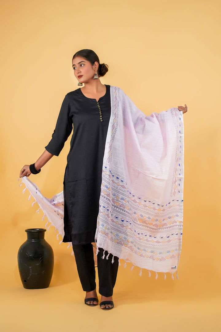 White Hand Drawn Madhubani Cotton Dupatta