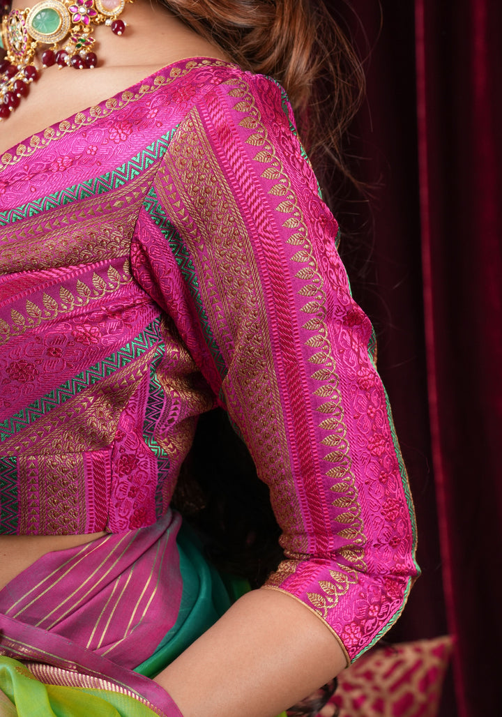 Rani Pink with Multicolor Striped Brocade Banarasi Blouse with V neck, Made to Order