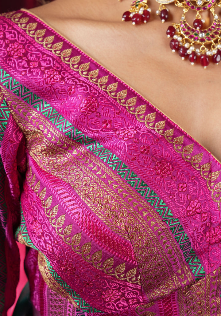 Rani Pink with Multicolor Striped Brocade Banarasi Blouse with V neck, Made to Order