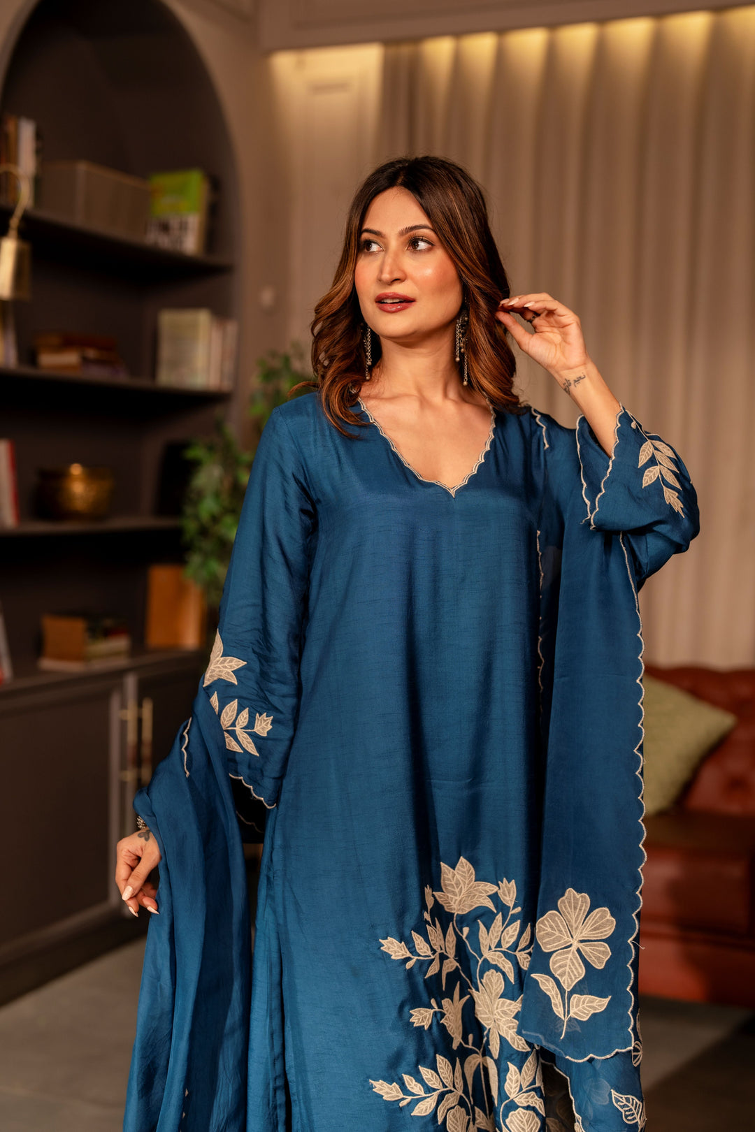 Rama blue appliqué work pure dola silk suit set- SET OF-3 | SHOBITAM